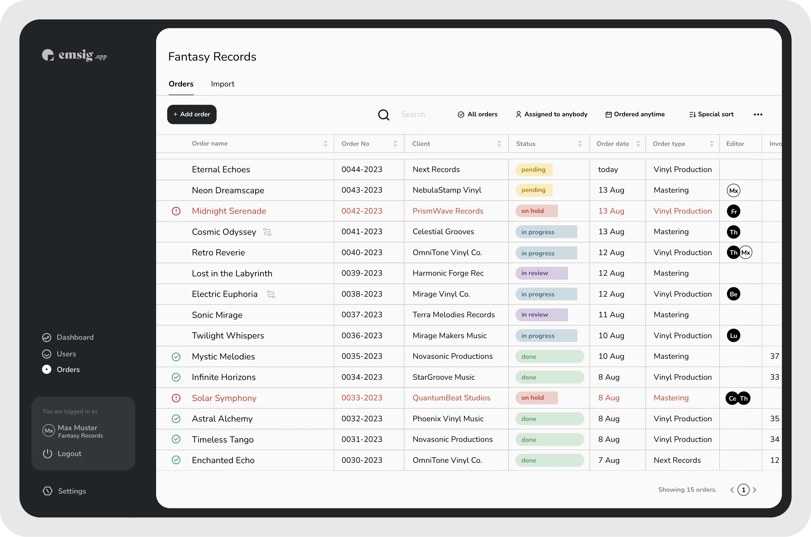 A screenshot of the app order overview on a desktop device.
