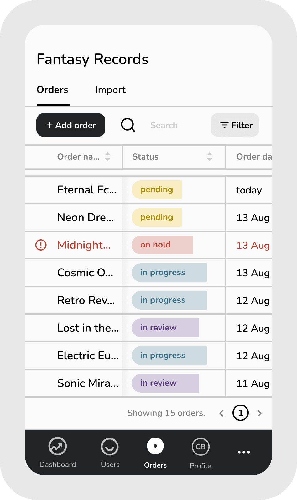 A screenshot of the app order overview on a mobile device.